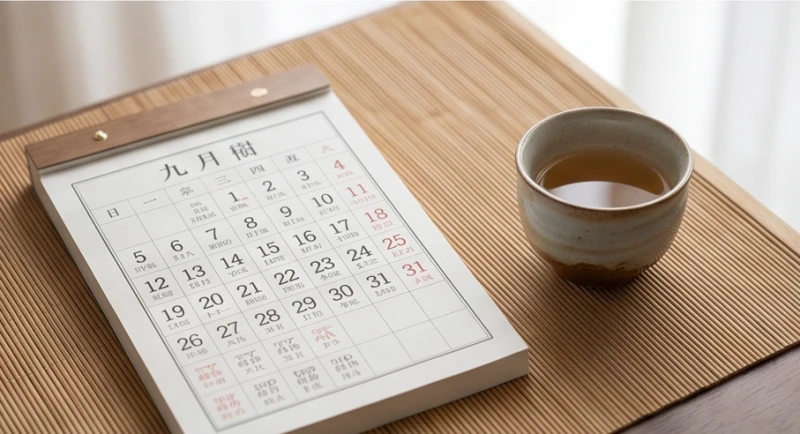 Cuốn lịch vạn niên cổ kính đặt trên mặt bàn gỗ bên cạnh chén trà gốm sứ tinh tế