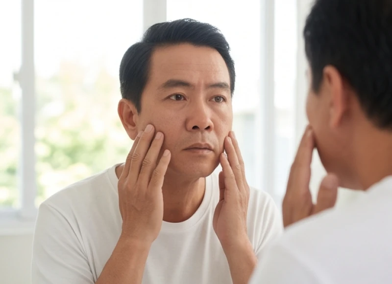 Gương mặt lộ rõ vẻ lo âu khi một bên má và mép miệng có dấu hiệu xệ xuống bất thường và khó cử động