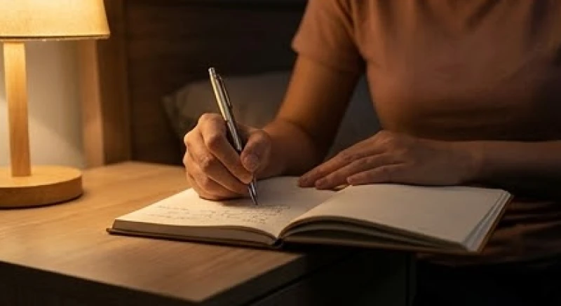Một người cẩn thận dùng bút viết lại kịch bản giấc mơ vào sổ tay trước khi đi ngủ