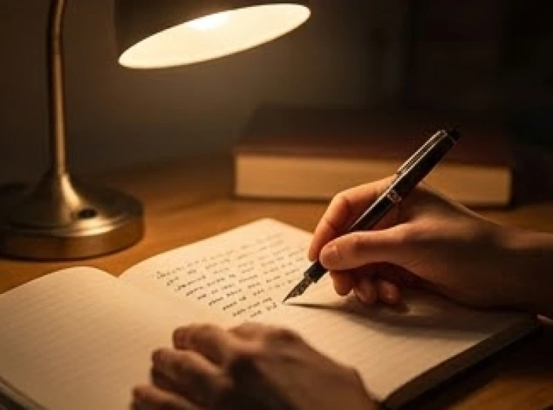 Một người viết nhật ký bằng bút mực trên trang giấy trắng dưới ánh đèn vàng ấm áp để phác thảo lại diễn biến tích cực hơn