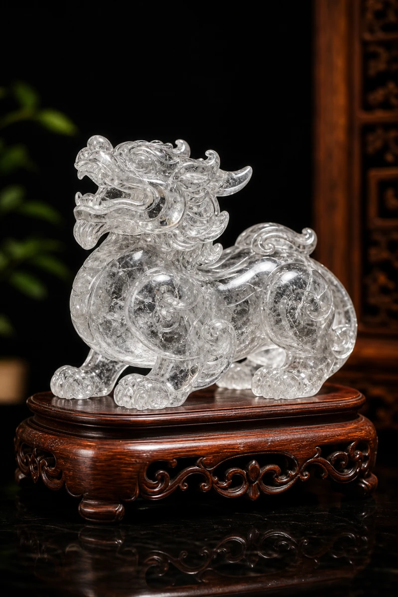 Bức tượng linh vật được tạc từ đá thạch anh tự nhiên nguyên khối với các đường vân đá độc bản