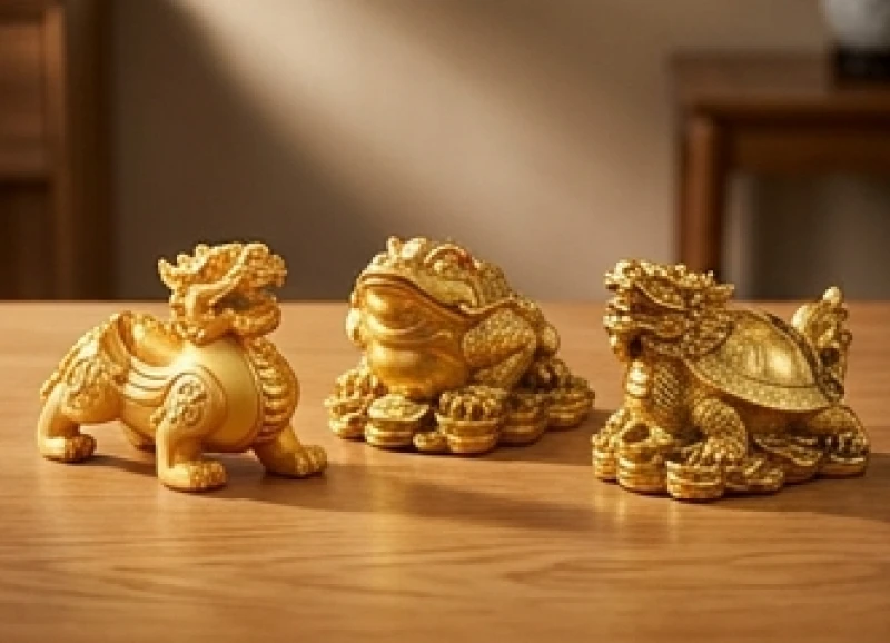 Linh vật phong thủy tuổi Tý: Chọn nạp âm và cách tẩy uế 1 Bộ ba linh vật chiêu tài gồm Tỳ Hưu, Thiềm Thừ và Long Quy được bày trí trên bàn gỗ sồi trang trọng