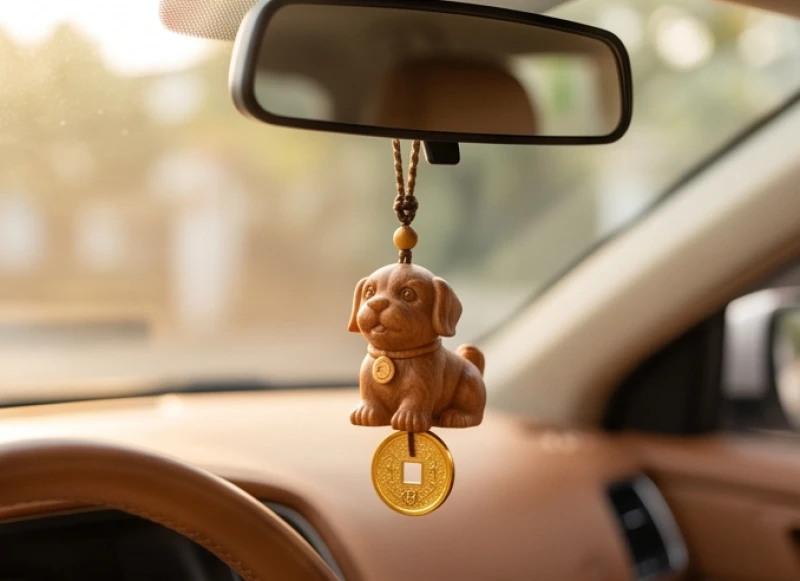 Tượng gỗ nhỏ hình con chó ngoạm đồng tiền được dùng làm linh vật treo xe mang lại may mắn
