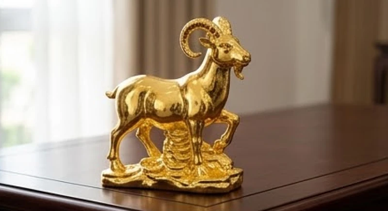 Tượng linh vật Dê mạ vàng 24k sáng bóng đặt trang trọng trên bàn làm việc