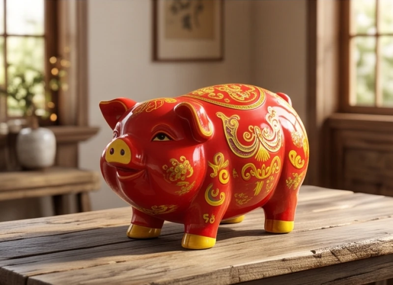 Linh vật phong thủy tuổi Mão: danh sách kiêng kỵ và cách an vị 8 Tượng heo gốm sứ tráng men đỏ rực rỡ nổi bật trên mặt bàn gỗ mang lại sinh khí dồi dào