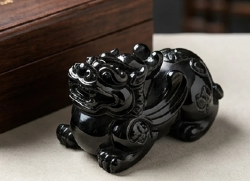Tượng tỳ hưu điêu khắc tinh xảo từ đá thủy tinh núi lửa đen tuyền dành cho người mệnh Thủy
