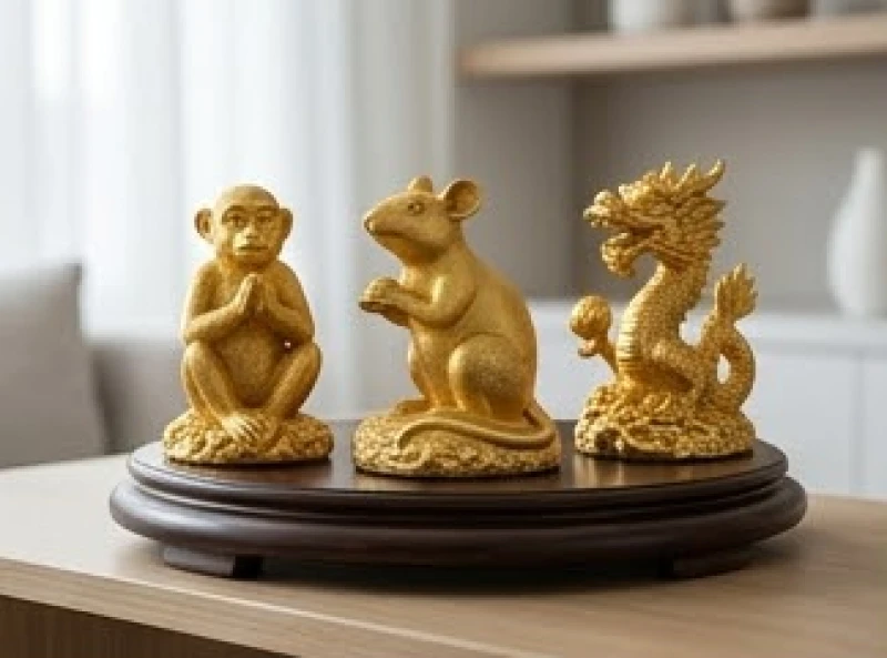 Tượng phong thủy bộ tam hợp Thân Tý Thìn gồm khỉ chuột và rồng mạ vàng đặt trên bệ gỗ trang trọng