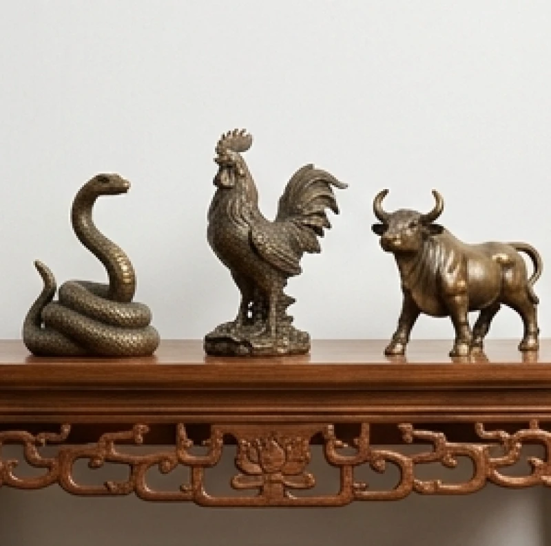 Vật phẩm phong thủy cho tuổi Dậu: Chuẩn ngũ hành nạp âm 1 Bộ ba linh vật phong thủy tam hợp Tỵ Dậu Sửu đúc bằng đồng đặt trên kệ gỗ tự nhiên