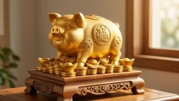 Tượng linh vật phong thủy tuổi Hợi mạ vàng đặt trên đôn gỗ cùng đồng tiền xu tượng trưng cho tài lộc
