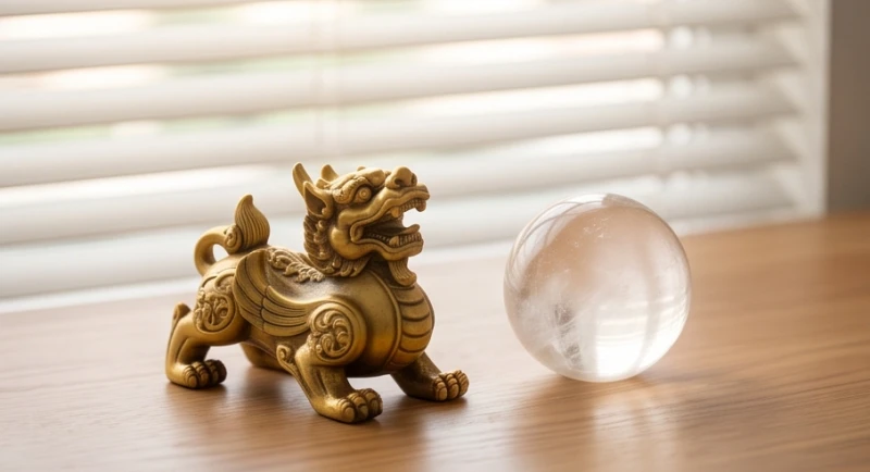 Cách Thu Hút Tài Lộc Cho Người Tuổi Thân: Lộ Trình Từng Can Chi 1 Góc làm việc có linh vật Tỳ Hưu và quả cầu thạch anh tương sinh bản mệnh