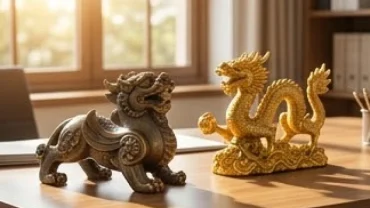 Các linh vật phong thủy tuổi thìn như tỳ hưu và tượng rồng đặt trên bàn làm việc giúp chiêu tài lộc