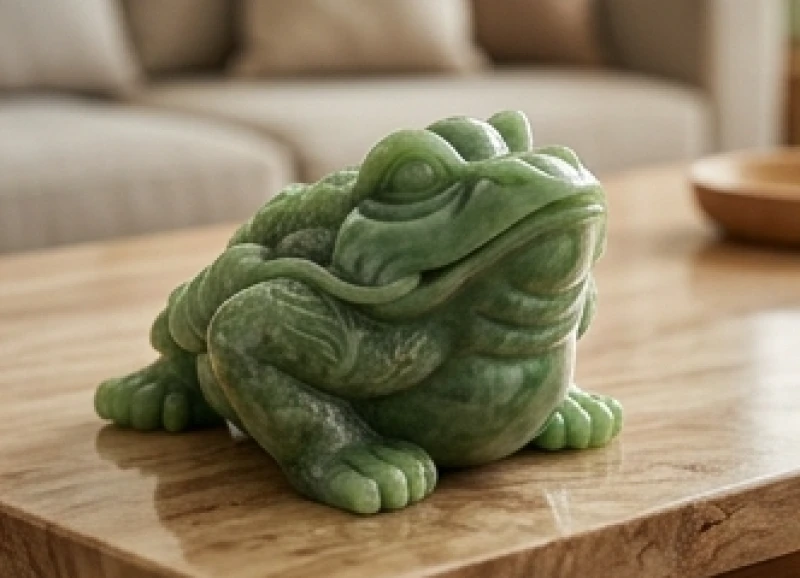 Tượng cóc ba chân ngậm tiền vàng được đặt trang trọng trong không gian phòng khách hợp mệnh