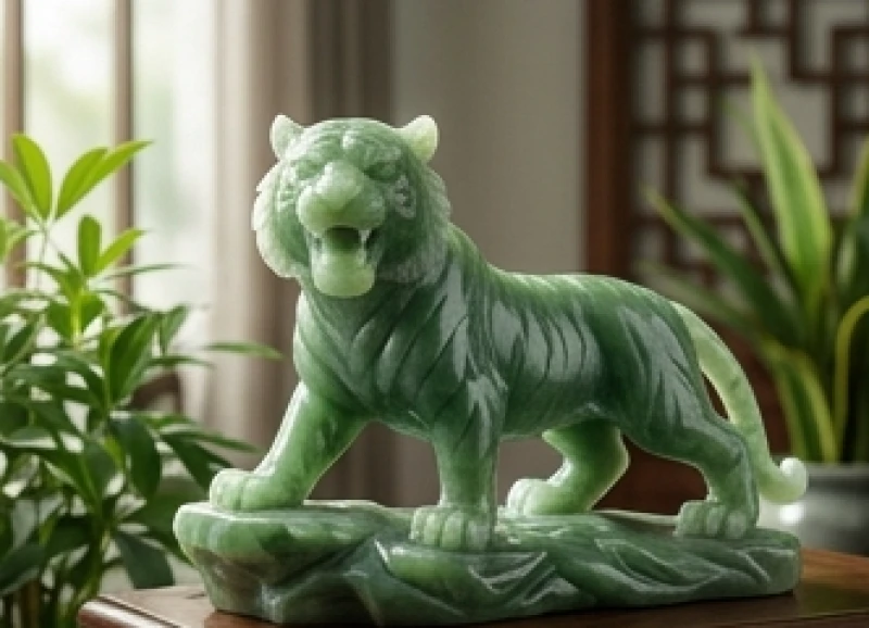 Bức tượng hổ dũng mãnh bằng ngọc bích đặt cạnh những nhánh cây xanh tươi đại diện cho ngũ hành Mộc