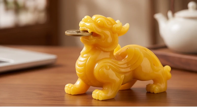 Tỳ Hưu Phong Thủy Tuổi Hợi: Chọn Màu Ngũ Hành & Bảng Giá Chi Tiết 2 Tượng Tỳ Hưu phong thủy làm từ đá ngọc hoàng long màu vàng rực rỡ ngậm đồng tiền xu cổ