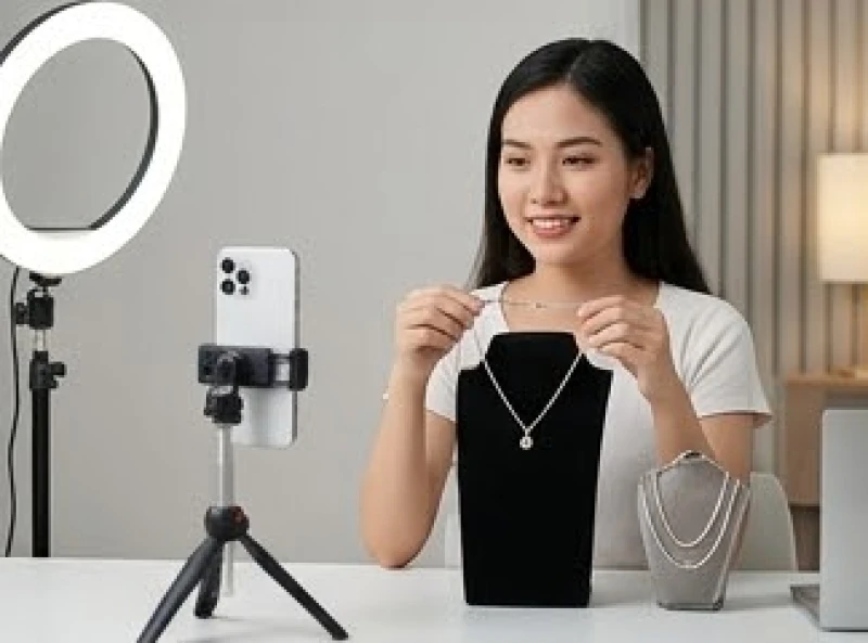 Chủ shop đang livestream giới thiệu sản phẩm trang sức và phụ kiện