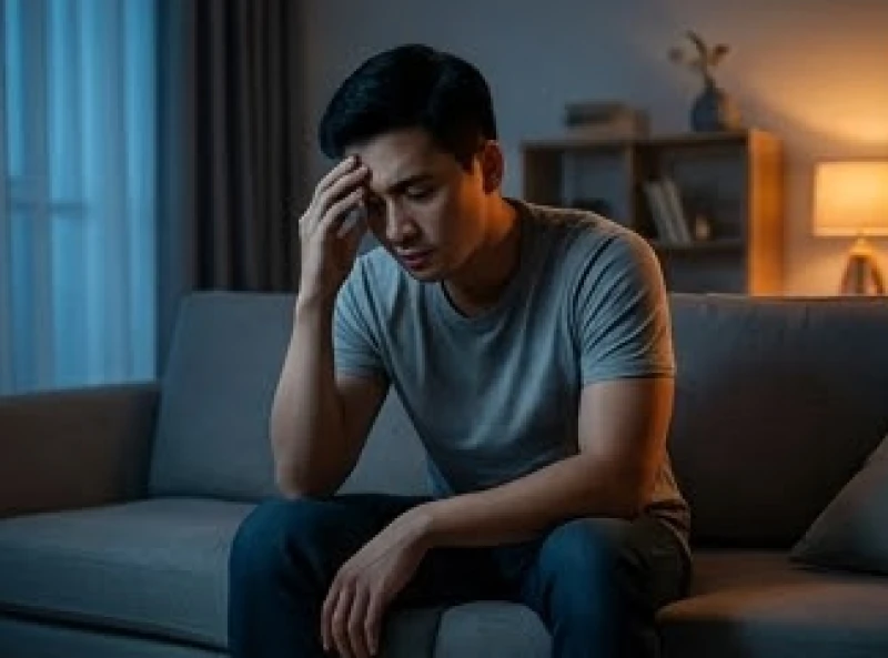 Người đàn ông ngồi suy tư trong không gian tối tĩnh lặng phản ánh sự lo âu về tương lai