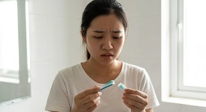 Cô gái mang khuôn mặt bồn chồn lo âu khi nhìn thấy chiếc bàn chải bị gãy trong phòng tắm gia đình