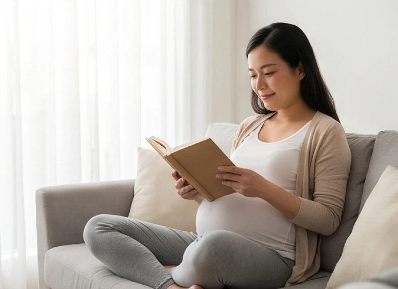 Mơ thấy sinh con khi đang mang thai: Giải mã theo tam cá nguyệt 5 Thai phụ ngồi thư giãn trên ghế sô pha đọc sách để giảm bớt sự lo âu trong những tháng đầu