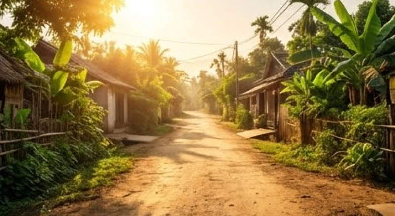 Ánh nắng rực rỡ chiếu xuống làm khô ráo và cứng cáp con đường đất nện ven đô