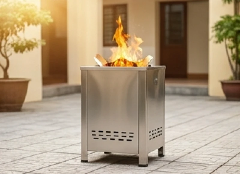 Lò inox đốt vàng mã chuyên dụng được đặt tại khu vực sân thoáng đãng, tuân thủ an toàn