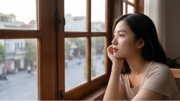Người phụ nữ trầm ngâm bên cửa sổ khi tìm hiểu lo lắng bồn chồn là điềm gì