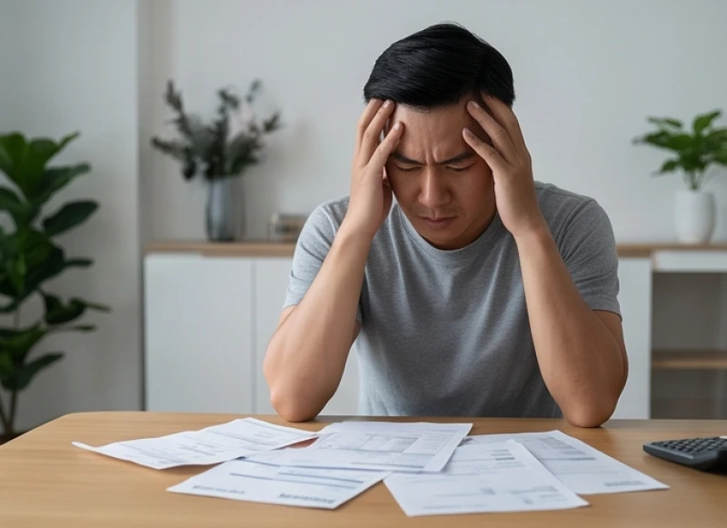 Mơ thấy mình ngoại tình: Giải mã tâm lý & điềm báo tài lộc 7 Người đàn ông ôm đầu lo âu khi xem các hóa đơn chi tiêu gia đình