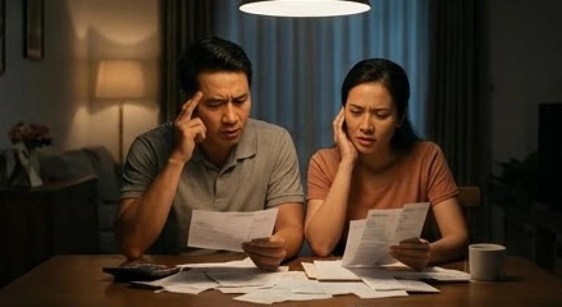 Mơ thấy chồng bị tai nạn: Giải mã bối cảnh, tâm lý và số sổ mơ 4 Hai vợ chồng nhìn chằm chằm vào những tờ hóa đơn trên bàn ăn với gương mặt lộ rõ sự mệt mỏi và bế tắc