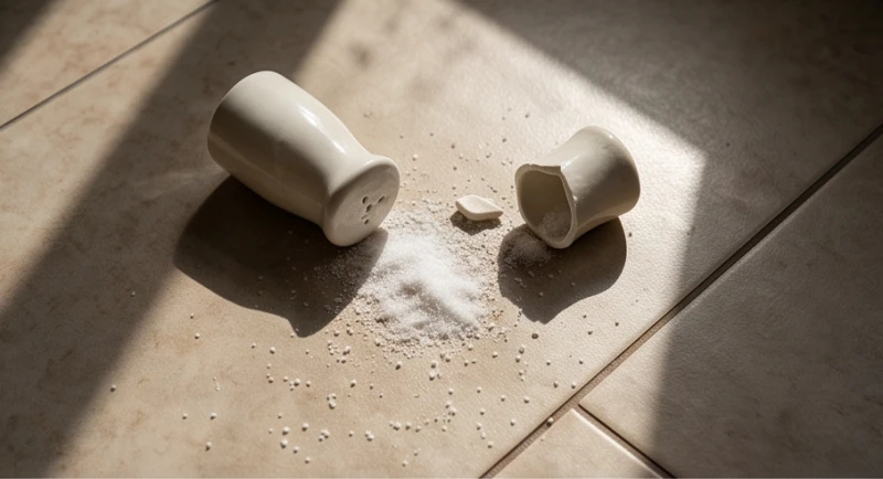 Lọ muối gia vị vô tình bị gạt rơi vương vãi trên sàn nhà gạch men