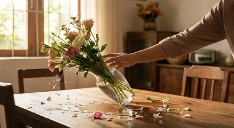 Một người vô ý gạt tay trúng chiếc bình cắm hoa làm đổ nước và rơi xuống sàn trong lúc dọn dẹp