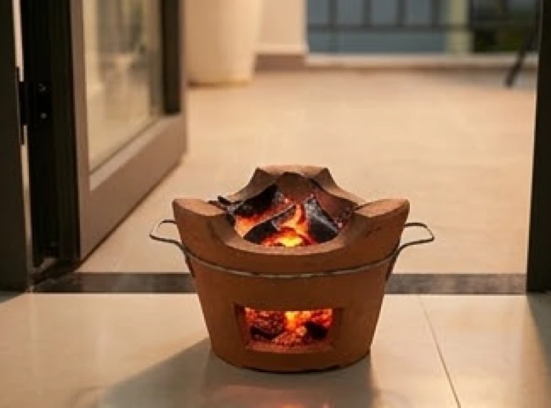 Lò than hồng đang cháy đỏ rực được đặt cẩn thận ngay chính giữa lối vào cửa chính của ngôi nhà