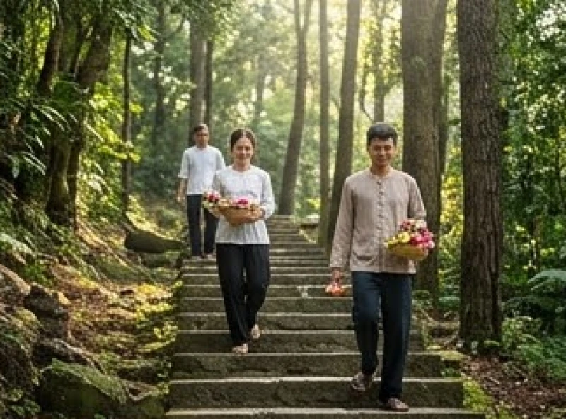 Dòng người hành hương mặc trang phục lịch sự thong thả bước xuống những bậc thang đá rêu phong