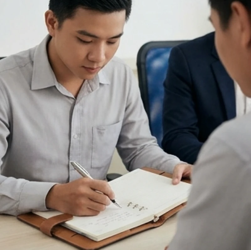 Nhân viên trẻ ghi chú cẩn thận trong buổi hướng dẫn đào tạo nghiệp vụ chuyên môn