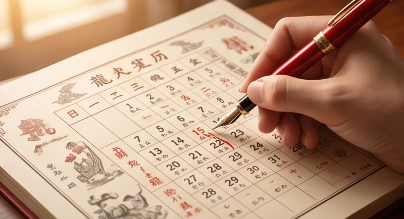 Bàn tay cầm bút đỏ đang đánh dấu gạch chéo loại bỏ những ngày không tốt trên một tờ lịch ngày truyền thống