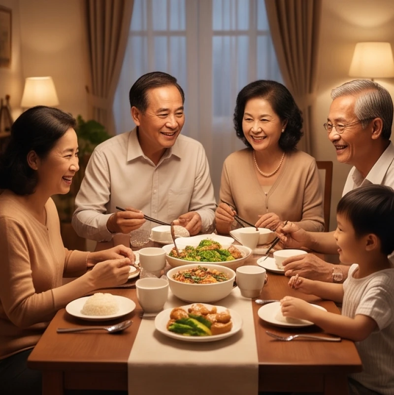 Bữa cơm gia đình ba thế hệ quây quần ấm áp và tràn ngập tiếng cười, xua tan những quan niệm sai lầm về điềm báo sinh đẻ