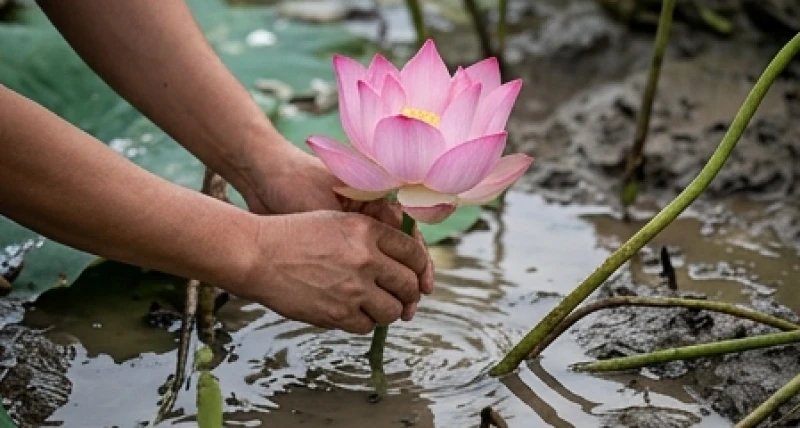 Đôi bàn tay cẩn thận ngắt một đóa hoa sen tươi thắm ngay giữa ao bùn lầy thể hiện sự chủ động vươn lên