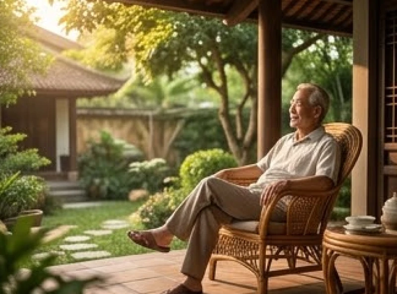 Cụ ông người Việt ngồi thư giãn trên ghế mây ngoài hiên nhà rợp bóng cây