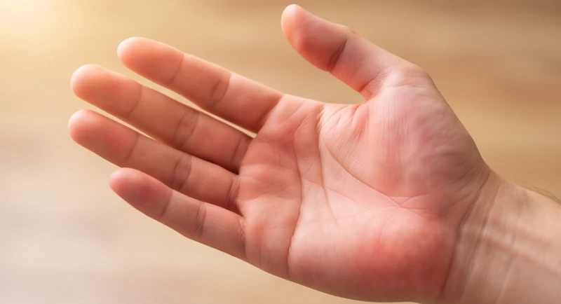 Lòng bàn tay phải có sắc đỏ ửng nhẹ và nóng râm ran đang được xòe rộng dưới ánh đèn ấm áp