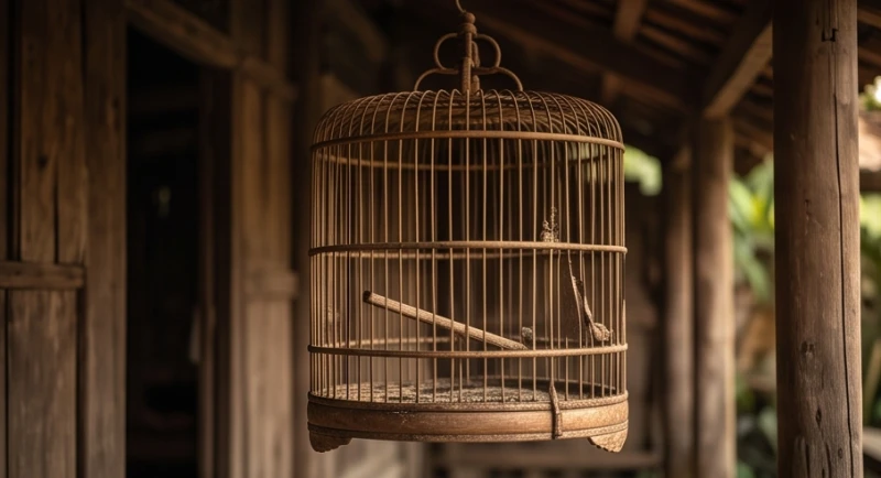 Mơ thấy nuôi chim trong lồng: Giải mã tâm lý & sổ mơ tài lộc 3 Chiếc lồng chim cũ kỹ bị gãy một vài nan tre sẫm màu đung đưa trước hiên nhà vắng lặng