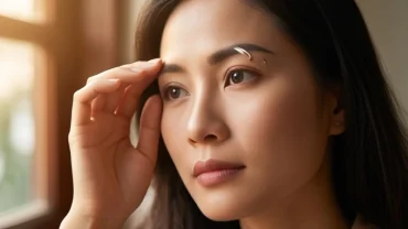 Chân dung người phụ nữ Việt Nam nhẹ nhàng chạm ngón tay lên vùng mắt khi tìm hiểu lông mày bên trái giật là điềm gì