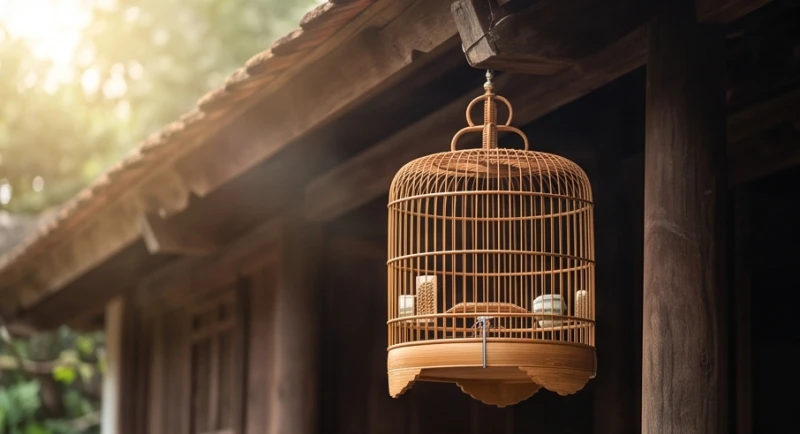 Chiếc lồng chim bằng tre tinh xảo treo dưới hiên nhà gỗ mộc mạc và tĩnh lặng