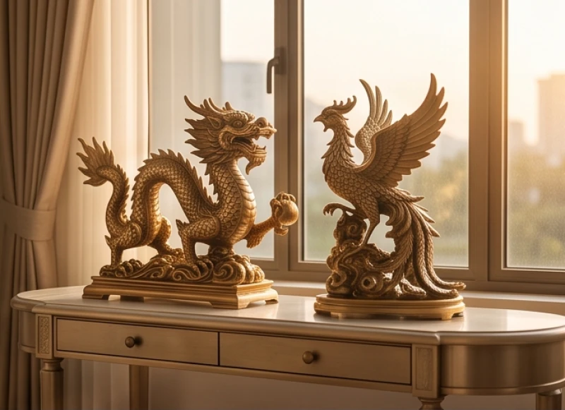 Cặp tượng linh vật rồng và phượng hoàng đặt cạnh nhau tạo nên thế cân bằng âm dương hài hòa trong phòng khách