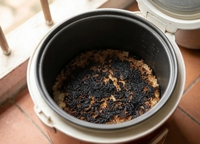 Lớp tinh bột dưới đáy nồi bị carbon hóa đen sì bốc mùi khét lẹt khi nấu cơm bị khê