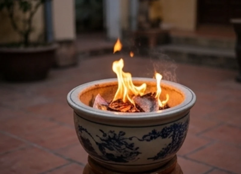 Văn khấn đốt vàng mã cho người mất: bài khấn chuẩn và trình tự nghi lễ 2 Lư hóa vàng mã bằng gốm đặt ở góc sân với ngọn lửa đang cháy đượm