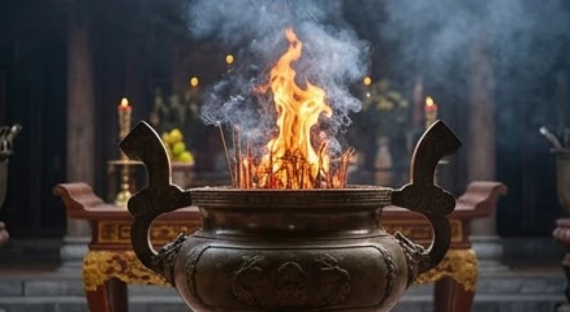 Bát nhang trên bàn thờ bỗng nhiên bốc cháy rực lửa giữa khung cảnh tĩnh mờ của đền chùa