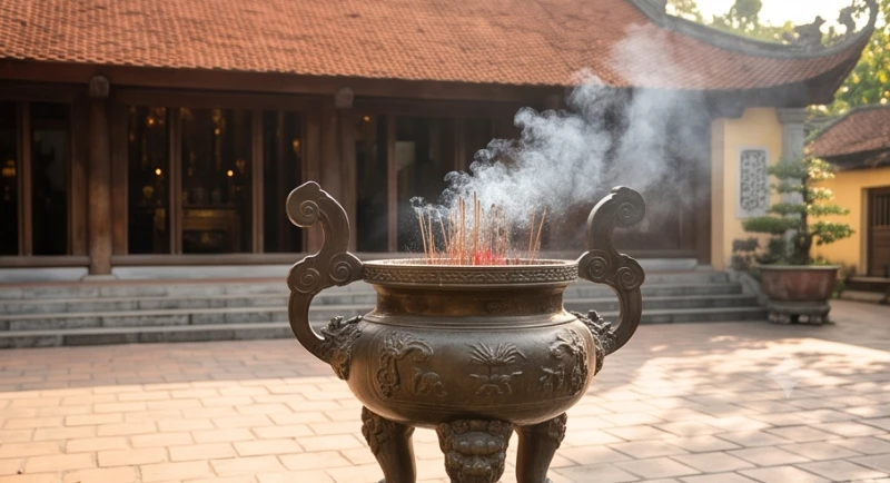 Lư hương bằng đồng kích thước lớn nghi ngút khói trầm được đặt trang trọng giữa sân miếu