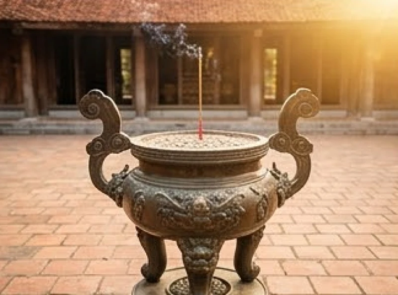 Lư đồng lớn đặt giữa sân đền nghi ngút khói trầm hương dưới ánh nắng ban mai rực rỡ