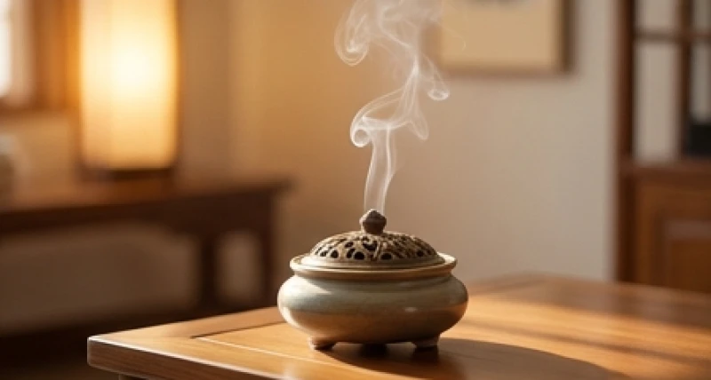Lư đốt trầm hương bằng gốm tỏa khói nhẹ nhàng trên bàn gỗ giúp không gian thanh tịnh