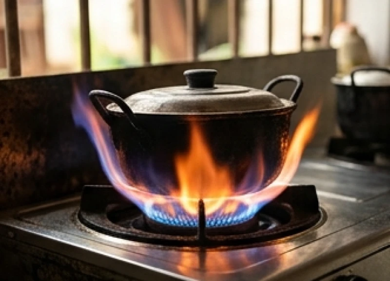 Ngọn lửa bếp ga cháy quá lớn tượng trưng cho trạng thái hỏa vượng khi thức ăn bị khê