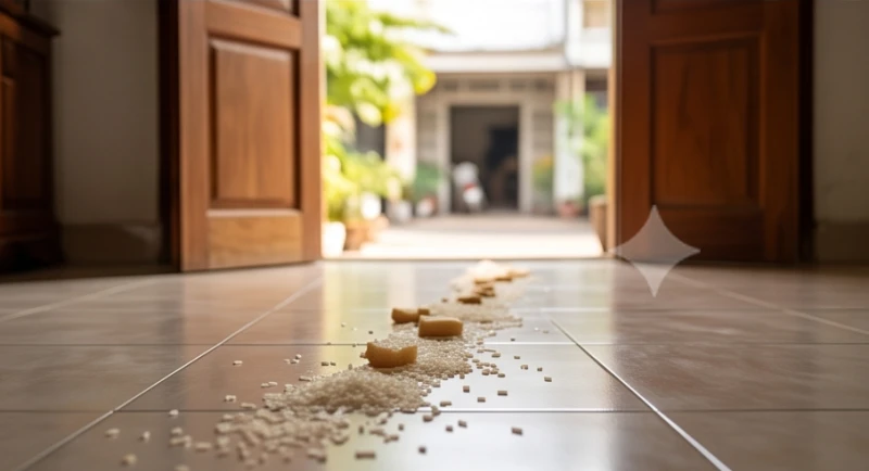 Vệt hạt gạo và vụn bánh mì rải thành đường thẳng từ giữa nhà hướng ra cánh cửa đang rộng mở