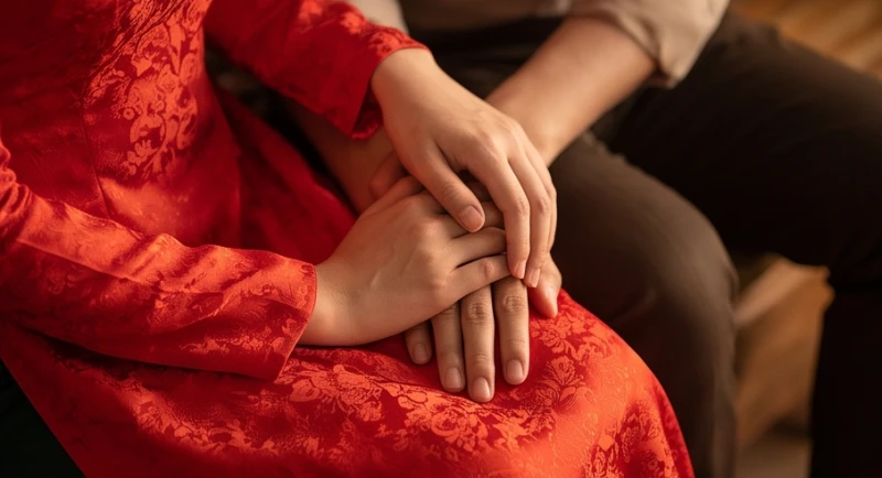 Hai bàn tay đan chặt vào nhau trên nền lụa đỏ tượng trưng cho sự gắn kết bền chặt của Lục hợp